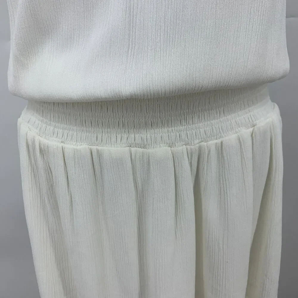 Tart Collections Smocked Waist Dress Womens M Medium White Tassel V Neck Lined